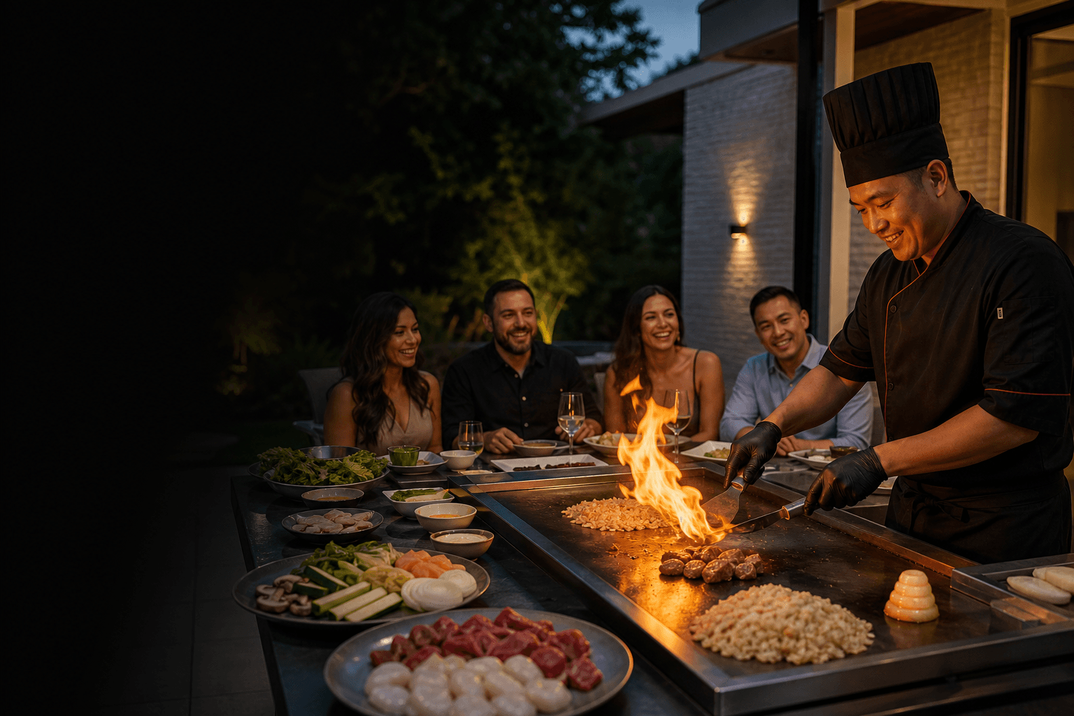 Private at-home hibachi chef cooking on a patio